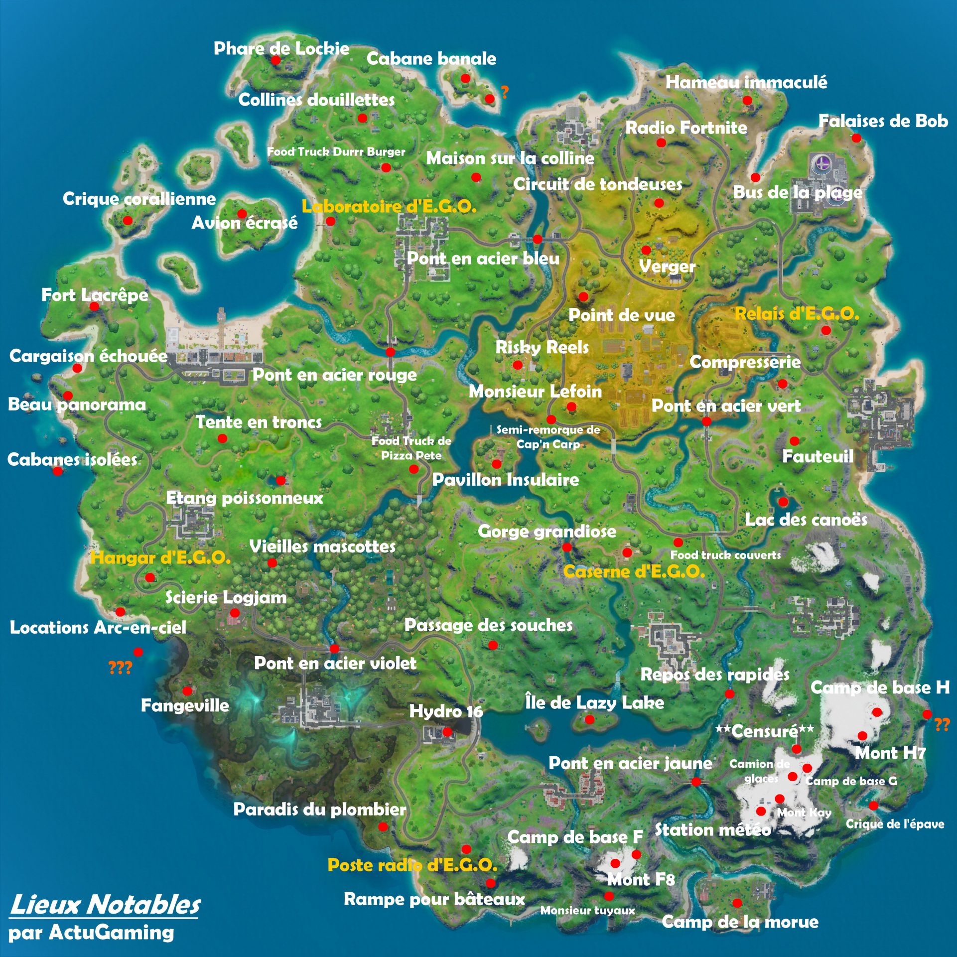 Fortnite carte présentant les lieux notables