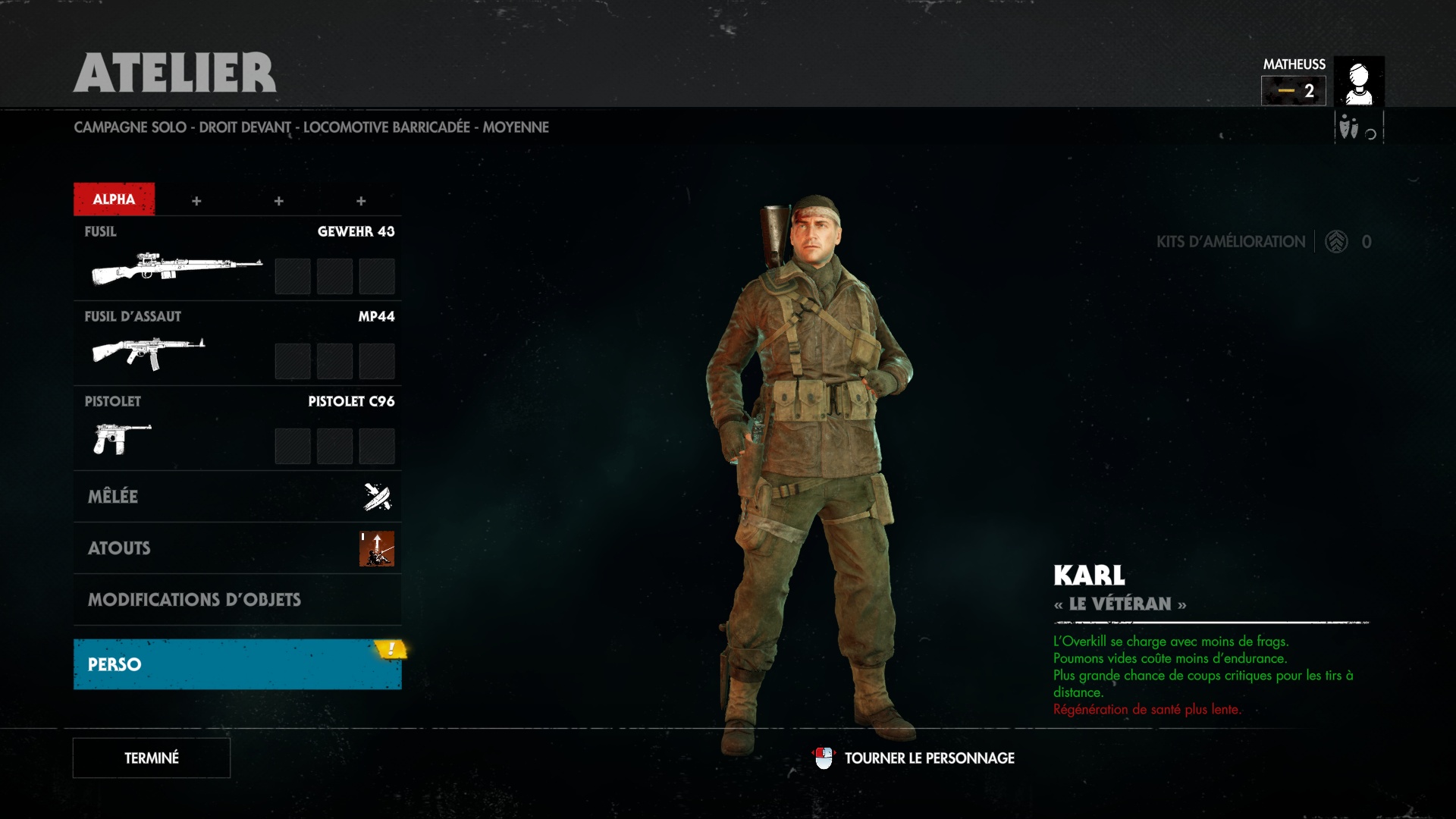 Zombie Army 4: Dead War interface personnage