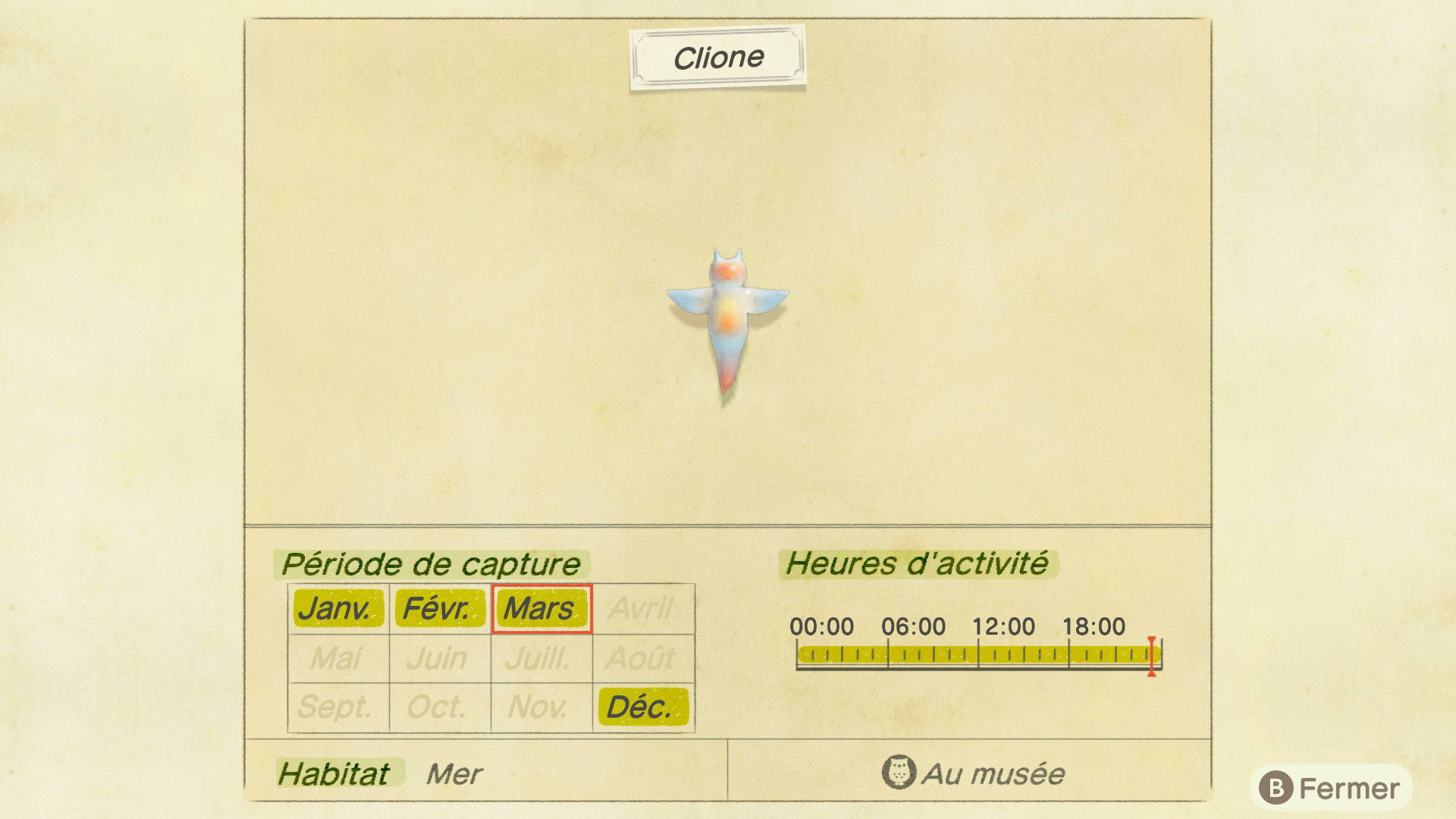 Liste des poissons - clione - animal crossing new horizons