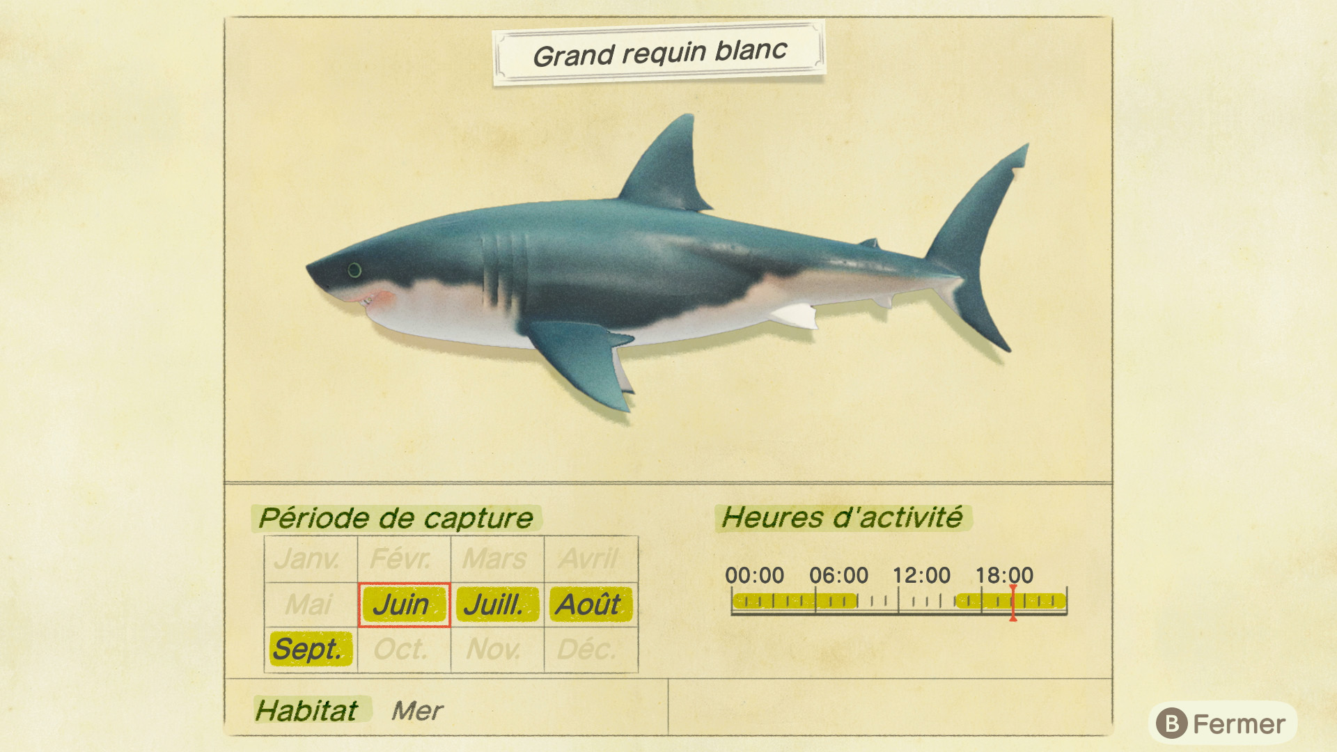 Liste des poissons - grand requin blanc - animal crossing new horizons