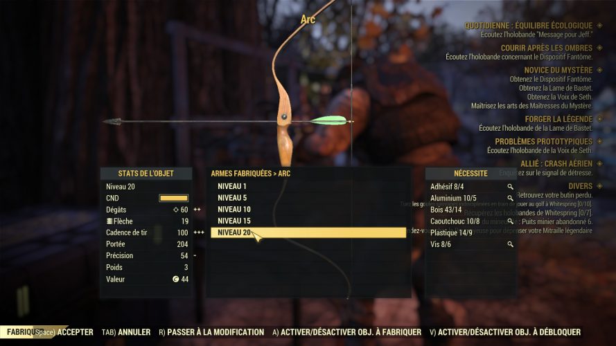 Fallout 76 : wastelanders interface fabrication de l'arc
