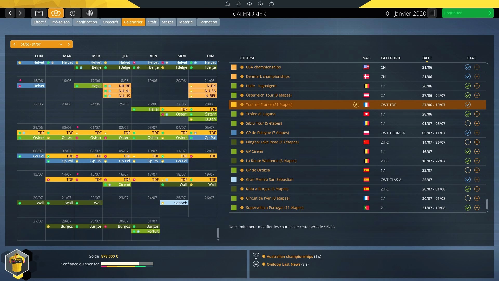 Pro cycling manager 2020 screenshot calendrier