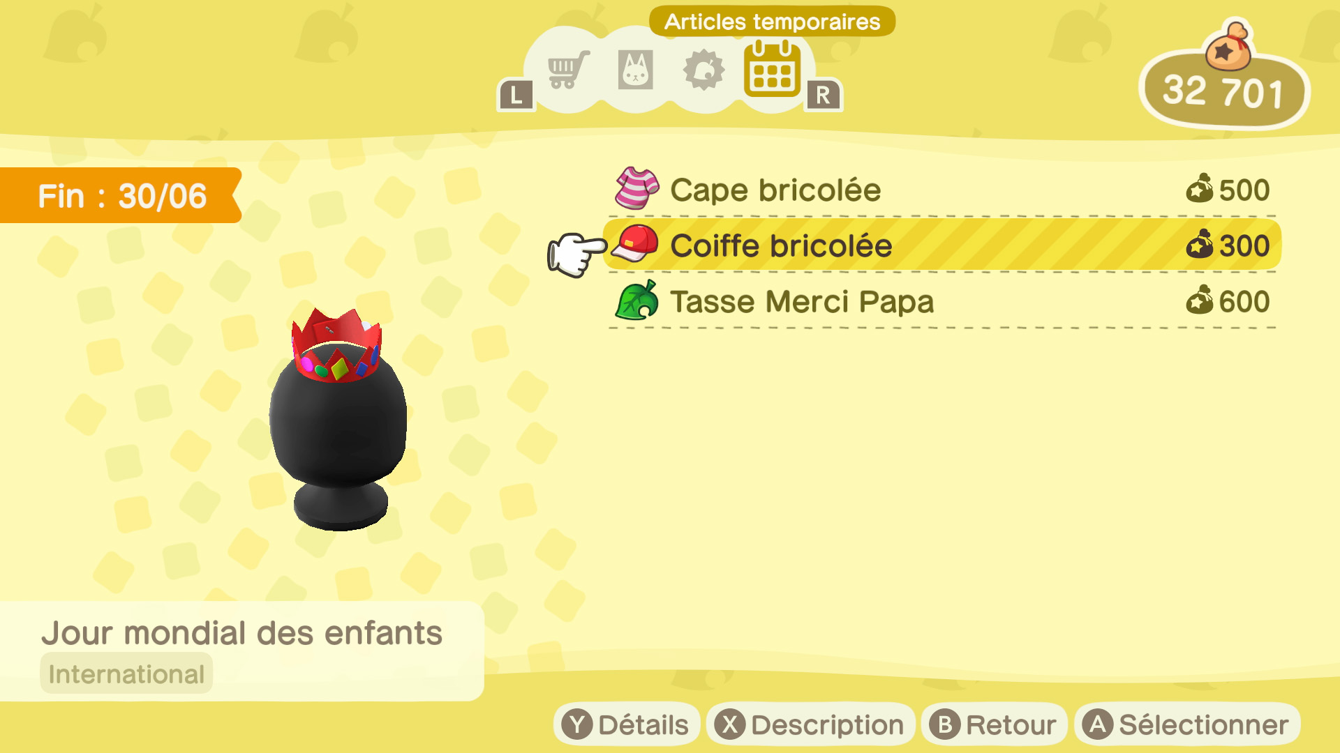 Coiffe bricolée - articles temporaires du nook shopping - animal crossing new horizons