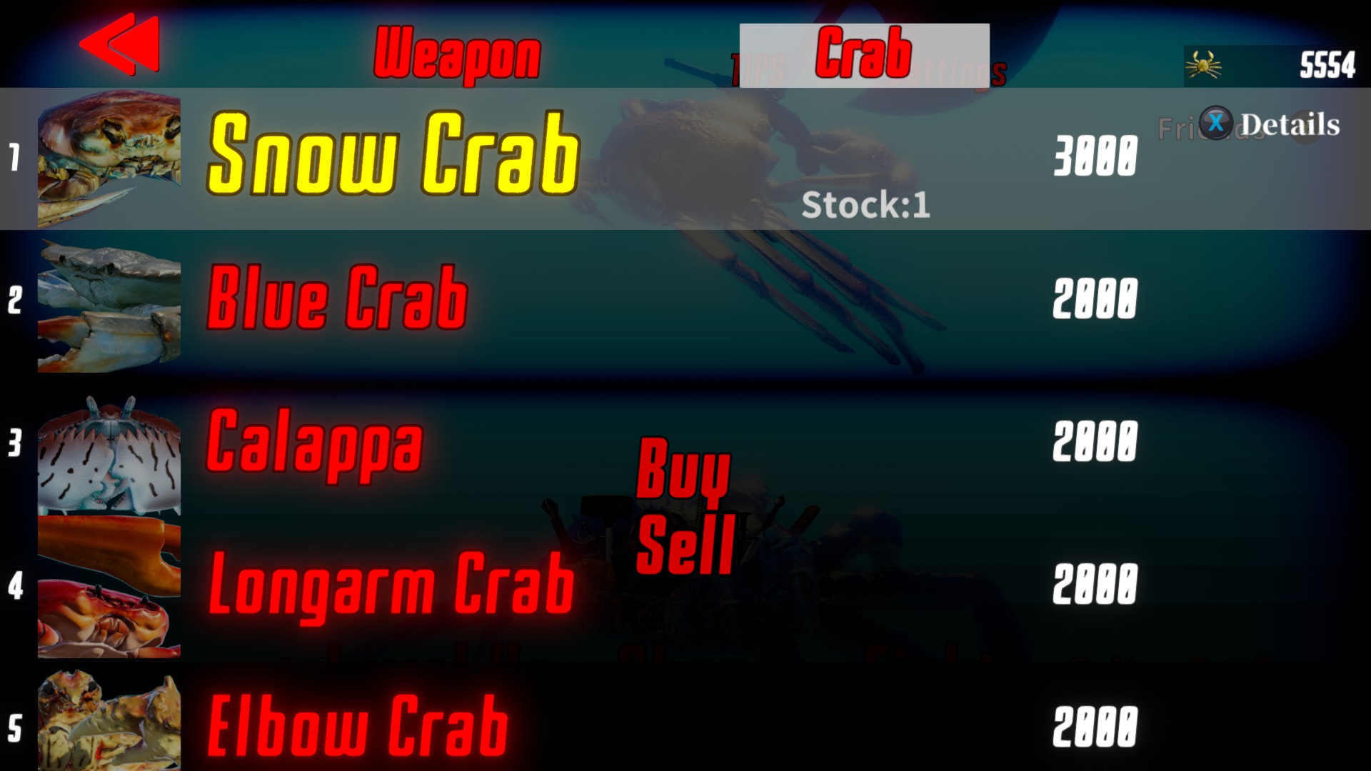 Fight Crab interface magasin