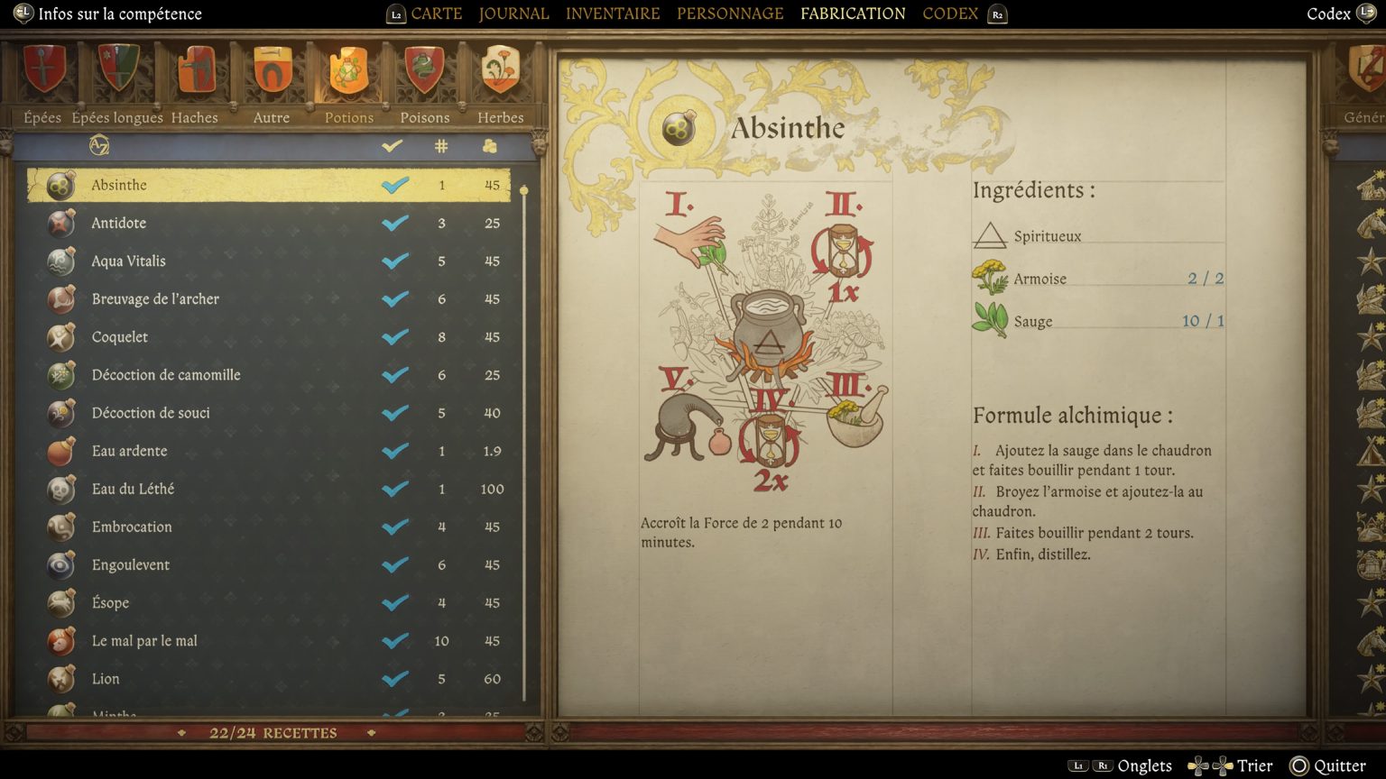 Toutes les recettes pour potions Guide Kingdom Come Deliverance II